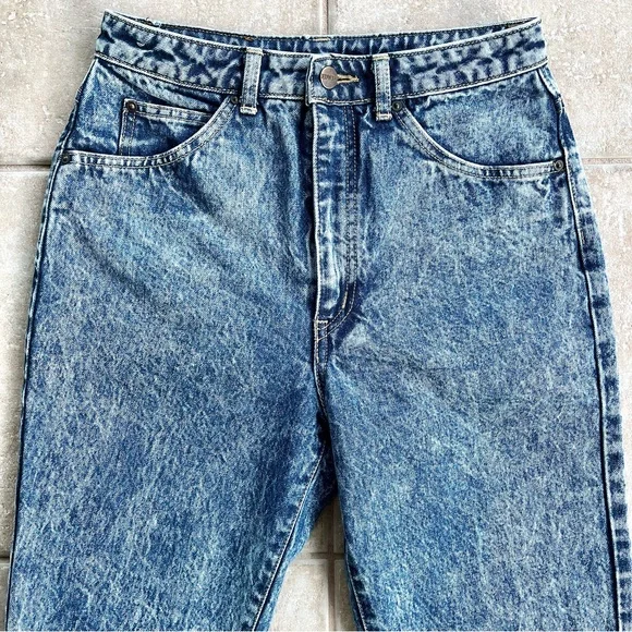 Vintage 80s EDWIN Acid Wash Blue Denim Jeans High Rise Straight Leg Raw Hem 32” - Picture 7 of 13